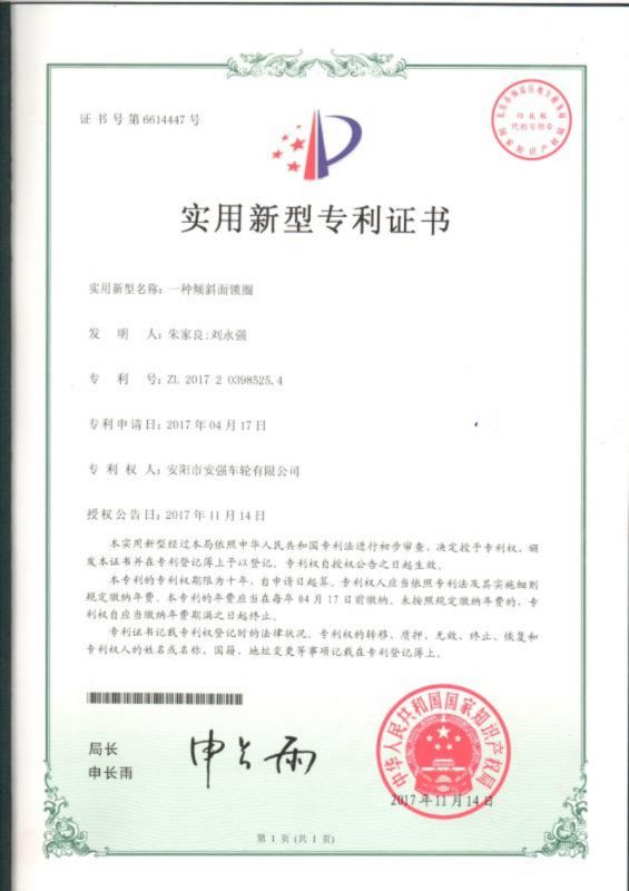 專利證書(shū)(專利號(hào)：ZL201720398525.4)